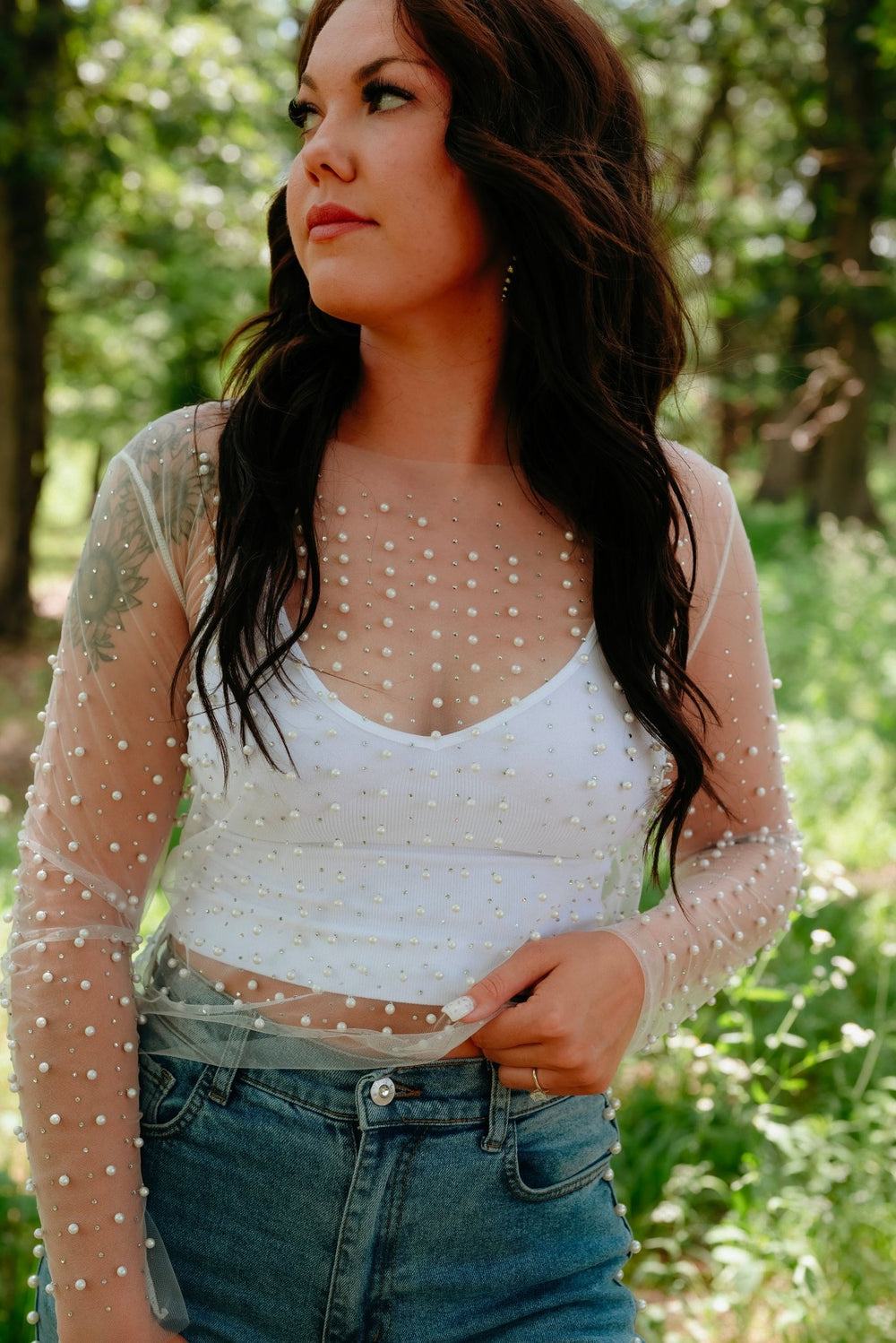 Lawton Pearl & Rhinestone Mesh Top - Lunabelle West