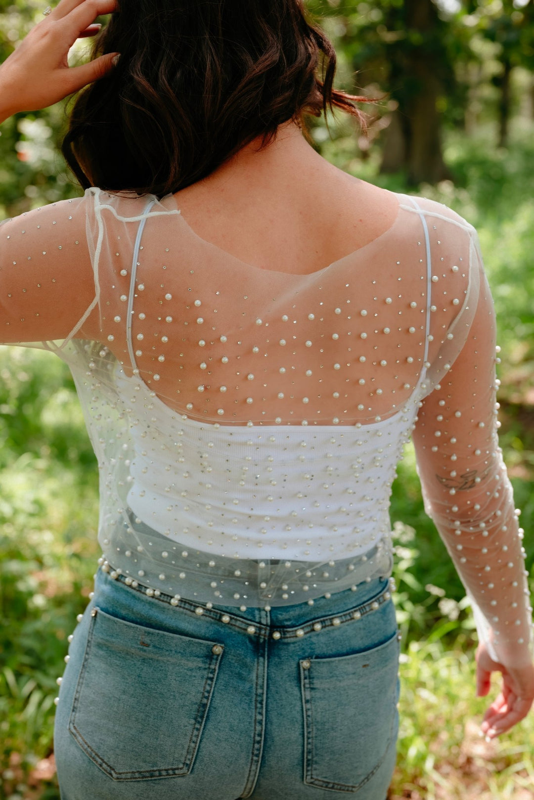 Lawton Pearl & Rhinestone Mesh Top - Lunabelle West