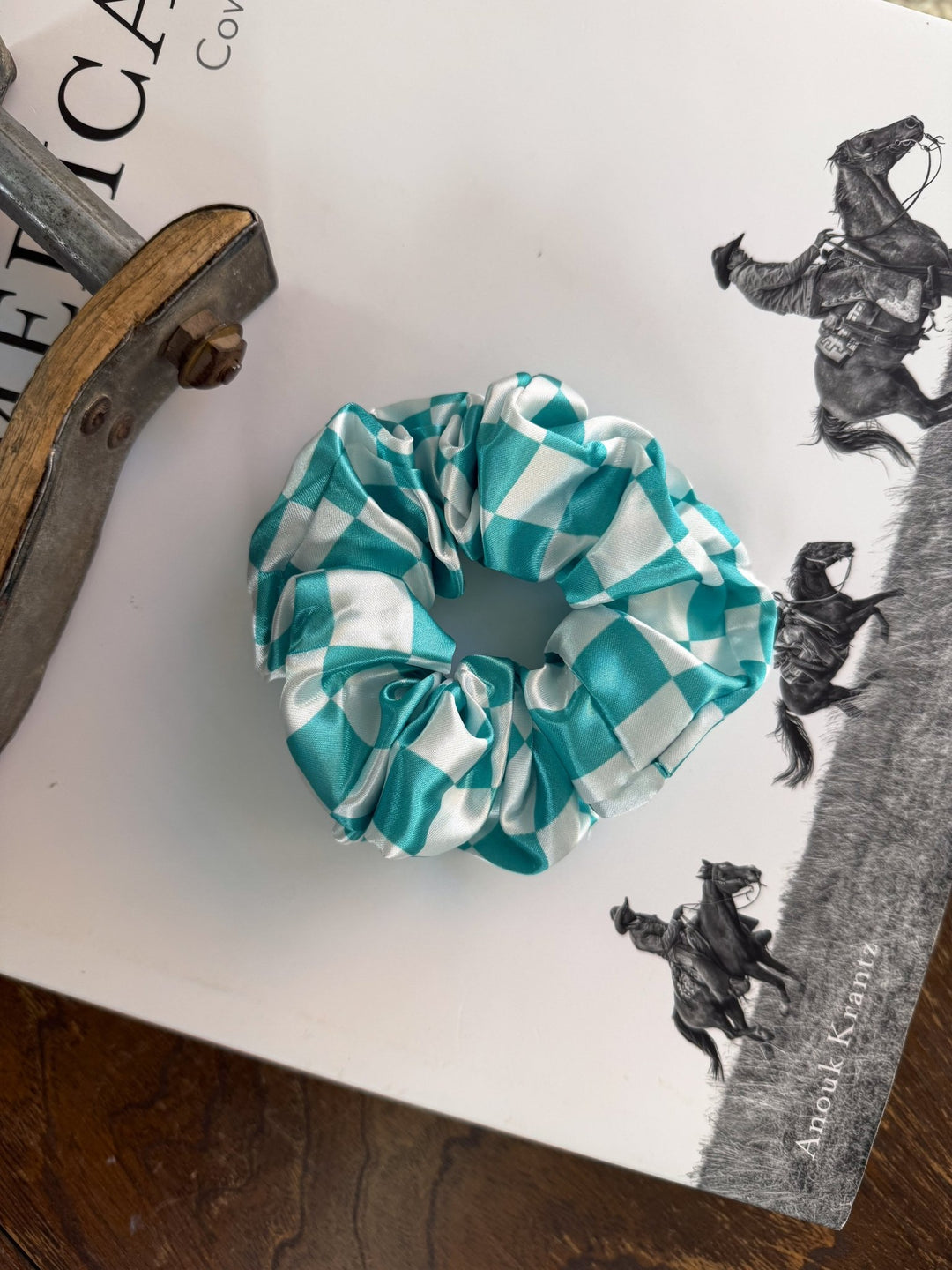 Turquoise Checkered Scrunchie - Lunabelle West