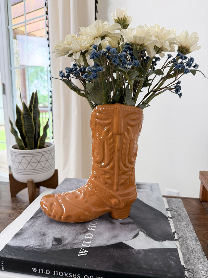 Cowgirl Boot Ceramic Vase (Brown)