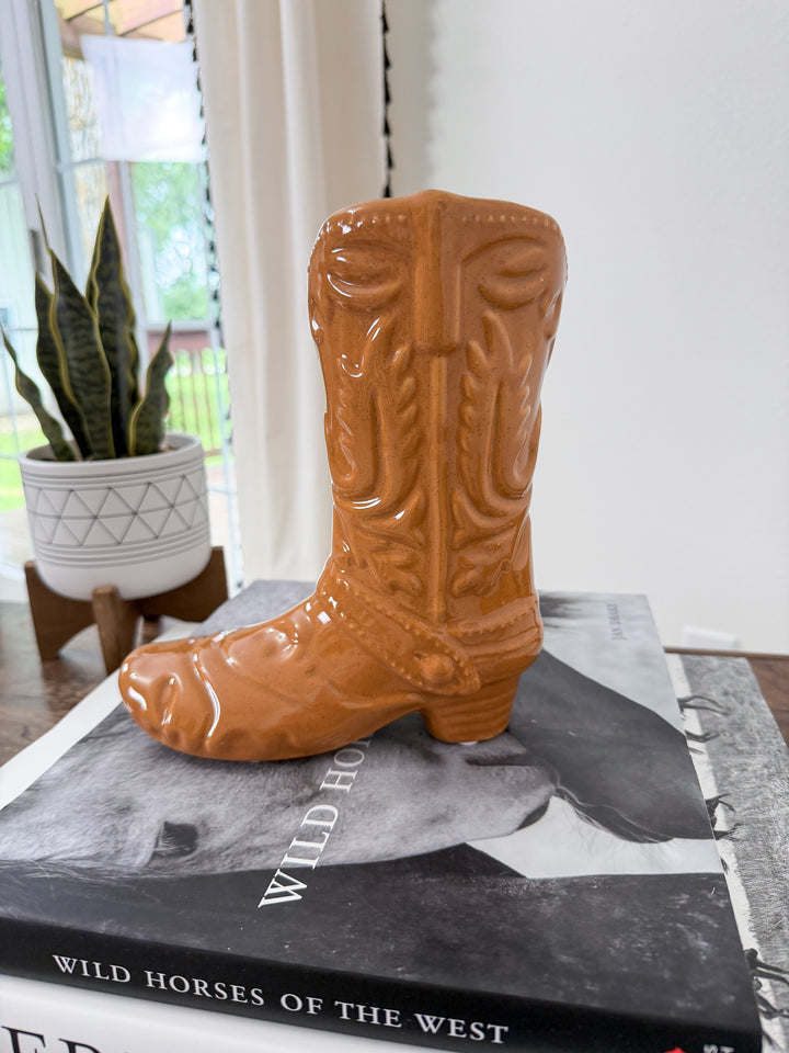 Cowgirl Boot Ceramic Vase (Brown)